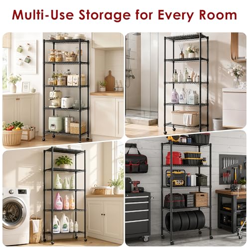 Simple Deluxe 5-Tier Heavy Duty Adjustable Shelf with Wheels, 23.23”W x 13.39”D x 59.45”H,Metal Storage Rack, Easy Tool-Free Assembly for Garage, Warehouse, Basement, Laundry, Black - size: 5-Tier, 23.23”W x 13.39”D x 59.45”H, style: 1 Pack