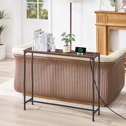 Console Table, Narrow Entryway Table, Thin Sofa Table, Behind Couch Table,for Hallway, Bedroom, Living Room, Foyer, 9.4 x 39.4 x 31.5 Inches, Rustic Brown - size: 9.4" W x 39.4" D, style: With Plug