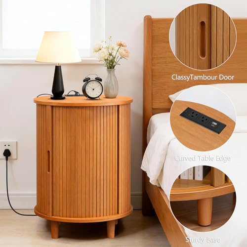 DHH Round End Table with Storage & Charging Station, Fluted Accent Side Table with Sliding Door & Adjustable Shelf, Mid-Century Nightstand for Small Spaces, Living Room, Bedroom (1, Yellow Walnut) - color: Yellow Walnut