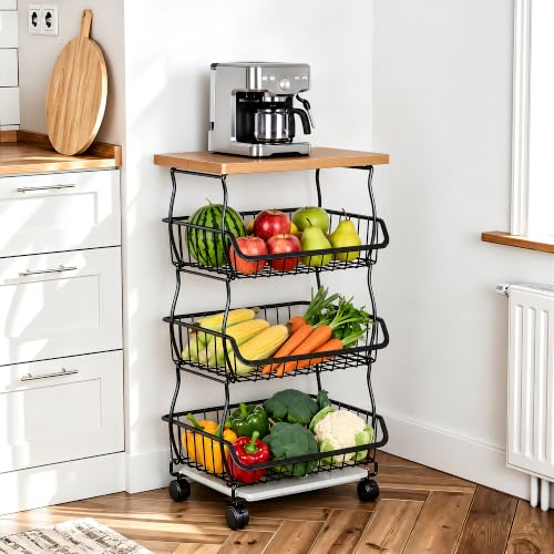 VECELO 4-Tier Fruit Basket with Wheels, Fruit and Vegetable Storage Cart for Kithchen, Stackable Produce Organizer Wire Baskets for Kitchen, Pantry, Living Room - size: 4 Tiers