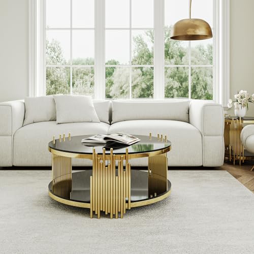 Black Glass Coffee Table, 2-Tier Round Tempered Glass with Gold Stainless Steel Frame, Modern Luxury Coffee Table for Living Room, Office, or Café - color: Coffee Table
