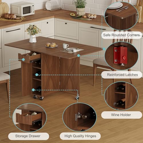 3imothrix Folding Dining Table, Dinner Table with Drawer and Storage and Shelves, Space Saving Dining Table with 6 Wheels, Kitchen Table for Small Spaces (Walnut) - color: Walnut