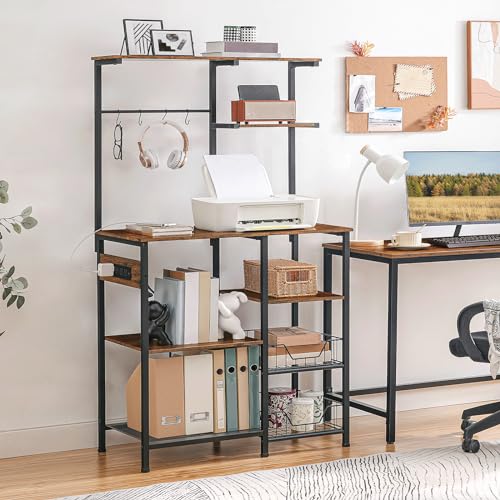 HOOBRO Large Bakers Rack with Power Outlets, 6-Tier Microwave Stand with 4 Hooks, Coffee Bar, Kitchen Shelf with Wire Basket, for Kitchen, Living Room, Office, Rustic Brown and Black BF64UHB01 - color: Rustic Brown + Black