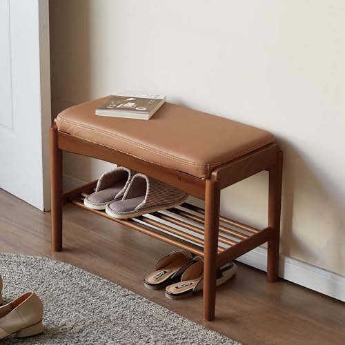 Solid Wood Shoe Bench, 24 Inch Entryway Bench with Brown Leather Cushion | Premium brown leather cushion paired with walnut wood finish adds refined texture and mid century style. - color: Walnut + Brown Leather Cushion, size: 23.62"