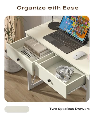 Manora Compact Computer Desk with Power Outlets, 2 Drawers, and Metal Frame, 31.5" Small Desk for Home Office, Study, or Makeup Area, White