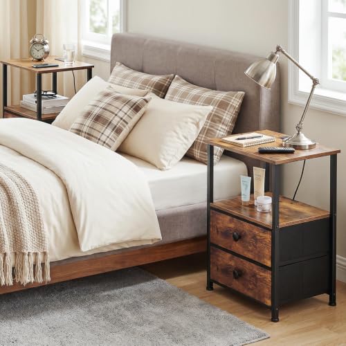 LOAKEKEL Night Stand, Nightstands Set of 2 with Charging Station | Bedside Table with 2 Fabric Drawers for Bedroom, End Tables with Storage Shelf for Small Spaces, Rustic Brown - color: Rustic Brown, style: Power