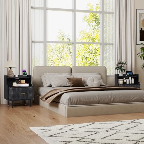 Storage End Table with 2 Door, Bed Side Table with Charging Station, Metal Rattan Nightstand for Bedroom, Desk Side Table for Living Room Couch Sofa, Office, Small Spaces - Black - size: Door Black-1pcs