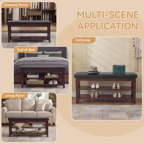 40" Faux Leather Shoe Storage Bench Entryway, Upholstered Bench with Leather Cushion, Solid Wooden 2 Tier Rack Shoe Organizer for Entry Way, Bedroom, Living Room, Black - color: Black