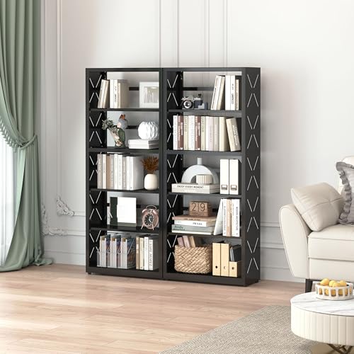 Polup Bookshelf, 5 Tier Metal Bookcase with Adjustable Shelves, Tall White Book Shelf with Bookends, Black Display Shelves for Living Room, Home Office, Library - color: Black, size: 5 Tier-23" W