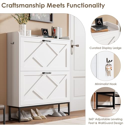 Nicetree Shoe Storage Cabinet with 2 Flip Drawers, Entryway Cabinet, White | Slim Shoe Cabinet with Metal Legs, Narrow Farmhouse Shoe Organizer for Entryway, Foyer, Hallway, Wood Shoe Rack with Hook - color: Alabaster