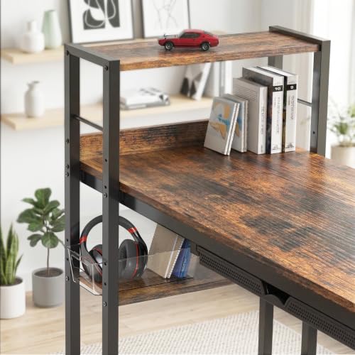 SHW 46-Inch Home Office Computer Desk w/Side Shelf & Drawer, Rustic Brown | w/ Reversible Adjustable Shelf | Drawer with adjustable compartments - color: Rustic Brown