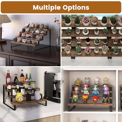 Wood Display Risers, 4 Tier 13.4IN Perfume Organizer Shelf with Metal Legs, Large Wooden Cupcake Stand Holder, Display Shelf Stand for Figures, Party, Makeup, Dessert Shelves for Party, Rustic Brown