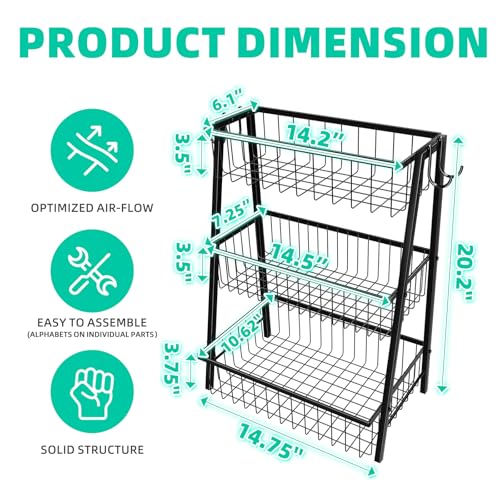 Simple Trending 3-Tier Trapezoidal Fruit Basket with 4 Banana Hooks, Extra Large Metal Wire Kitchen Organizer for Countertop - Rust-Proof for Fruits, Vegetables, Snacks, Bread Storage, Black - style: 3 Tier Black-Hooks