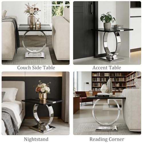 Asday Black End Table, Modern Wood Side Table, Silver End Table with U-Shaped Stainless Steel Base - color: Black and Silver, size: Set of 1