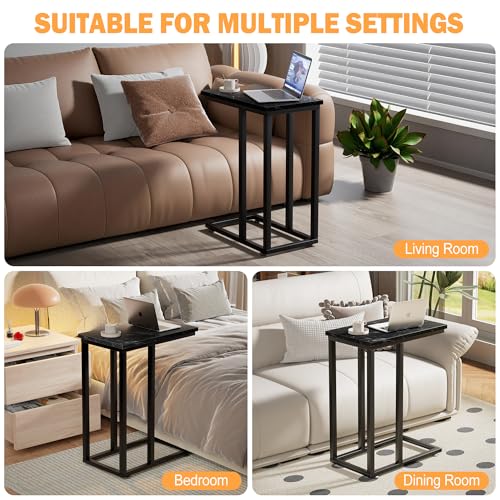 VECELO Universal C-Shaped Side Table, Multi-Functional Snack & TV Tray for Living Room, Bedroom, Black Marble (1 Set) - color: Black Marble, size: 1 Set