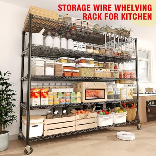 Garvee Storage Shelves, 5 Tier Metal Shelving Units with Wheels, 82" H x 59" W x 23.6" D, 3300 LBS Heavy Duty Wire Shelving Rolling Rack for Garage Kitchen Home Basement, Adjustable, Black - size: 23.6"D x 59"W x 82.6"H(5-Tier)