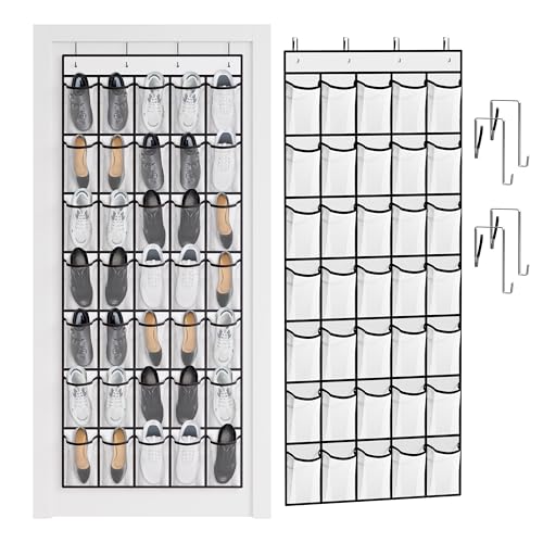 WVM Over the Door Shoe Organizer with 35 Breathable Mesh Pockets, Hanging Shoe Organizer for Door with 4 Metal Hooks, Large Capacity Closet Storage for Shoes, Accessories, White - style: White