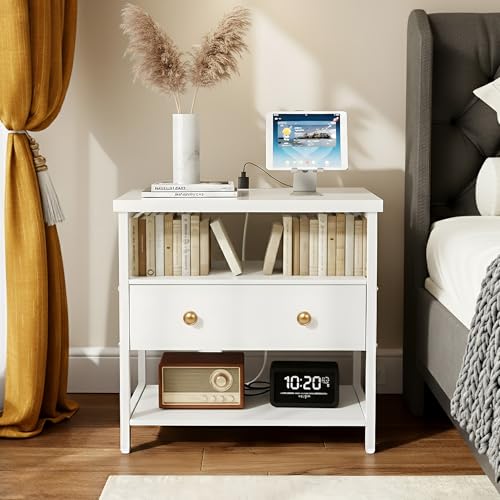 Edbuosy 27 Inch Wide Night Stand with Charging Station, Wood Nightstand with Open Shelf, Large Drawer Bedside Table for Living Room/Bedroom/Office, White - color: White, size: 27"W-1 Drawer