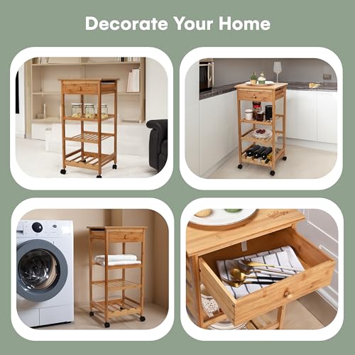 Kitchen Cart with Drawer and Basket - Brown Kitchen Cart Island for Small Spaces - Extra Counter Space or Spice Rack - Portable Dining Table with Wheels - Elegant Solid Wood Top, Spice Drawer