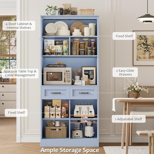 HOSTACK 71" Tall Kitchen Pantry Storage Cabinet, Modern Kitchen Hutch Bar Cabinet with Microwave Stand, Wood Buffet Sideboard with Hutch, Cupboard with Drawers, Shelves for Dining Room, Light Blue - color: Light Blue + Bronze Handles