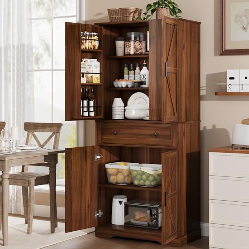 Garvee 71" Kitchen Pantry Cabinet, Barn Door Freestanding Cupboard with Drawer, Sliding Storage Rack, and 6 Hanging Shelves for Kitchen, Dining Room, Living Room Bedroom - color: Walnut