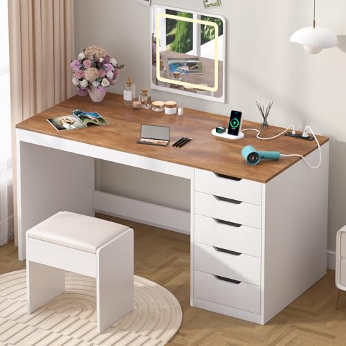 YOMILUVE 47 Inch Computer Desk with 5 Drawers and Power Outlets, Home Office Desks with Storage File Cabinet, Modern Simple Laptop Desk Writing Table for Small Spaces, Brown and White - color: Brown and White