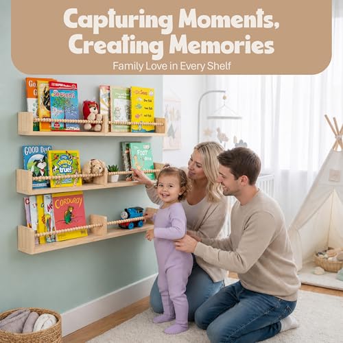 Nursery Book Shelves for Wall – Set of 3 Wooden Wall-Mounted Shelves, Premium Pine Wood, Rounded Edges, Nursery Bookshelf for Kids Room Decor, 31.5" x 3.9" x 3.7"
