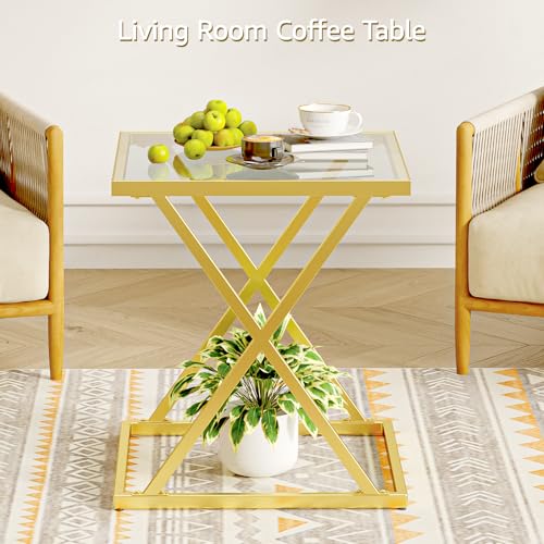 Square End Table with Tempered Glass Top, Stylish X-Shaped Metal Frame, Living Room Coffee Table, Sofa Side Table, Accent Tables for Small Spaces, Modern Bedside Table for Bedroom (Gold) - color: Gold, style: Style 3