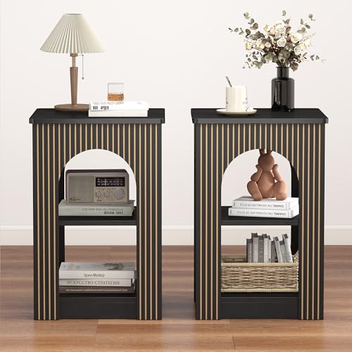 weselon End Table Set of 2, Mid-Century Modern Side Table with 3-Tier Storage Shelves and Arched Carving Lines, Square Fluted Nightstand for Living Room, Bedroom, or Office (2, Black) - color: Black