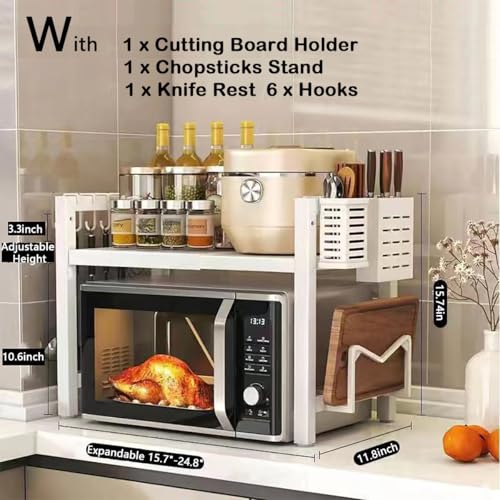 2-Tier Expandable Microwave Stand, Extendable Microwave Oven Rack with Storage Shelf Heavy Duty with 6 Hooks and Chopsticks Cutting Board Tools Holder for Kitchen(15.7~24.8" L) - color: White