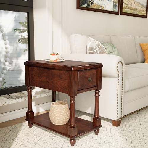 Narrow End SideTable with Drawer and Storage Shelf, Solid Wood Sofa Tables, Slim Beside Table-, Telephone for Small Spaces, Living Room, 22"L x 13"W x 22.7"H No-tools Assembly Dark Walnut BBJ004DWA - color: Walnut