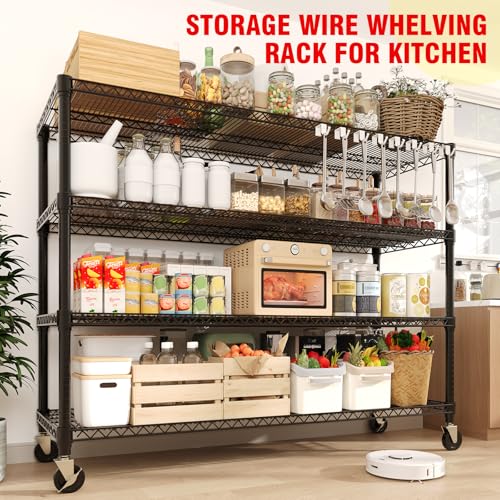 Garvee Metal Shelving with Wheels 4-Tier, 71.8"H Storage Shelves Heavy Duty Rolling Rack Shelf with Lockable Casters, Adjustable Wire Shelving Units, for Garage Commercial Kitchen Pantry, 59" Wx17.7"D | 2560LBS, Adjustable Wire Shelving Units, Rolling Ste