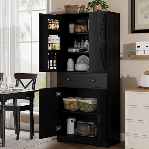 Garvee 71" Kitchen Pantry Cabinet, Barn Door Freestanding Cupboard with Drawer, Sliding Storage Rack, and 6 Hanging Shelves for Kitchen, Dining Room, Living Room Bedroom - color: Black