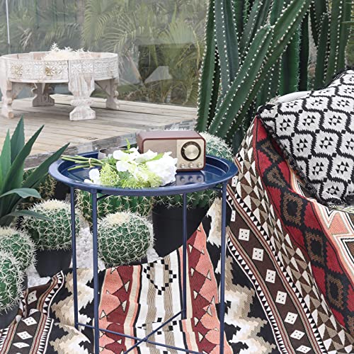 Garden 4 you End Table Metal Side Table Blue Round Folding Tray Cyan Sofa Small Accent Fold-able Table, Round End Table Tray, Next to Sofa Table, Snack Table for Living Room and Bed Room - color: Dark Blue