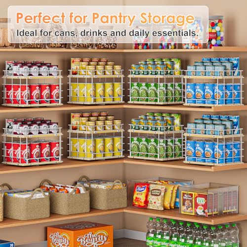 360° Lazy Susan Can Organizer, 2-Tier Rotating Metal Wire Wood Can Rack Holder, Kitchen Pantry Cabinet Countertop Turntable Storage Shelf, Hold 26 Soda Cans Food Beverage Cans Organizer, White - color: White