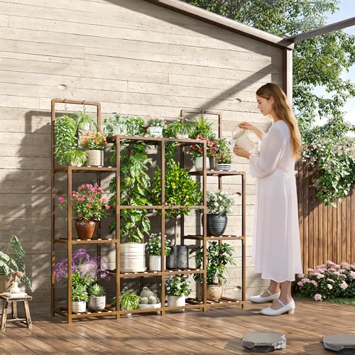 EnHomee Plant Stand, Hold 12-14 Pots, Waterproof Eucalyptus Wood | Easy to Assemble, Sturdy Enough, Without Wobble