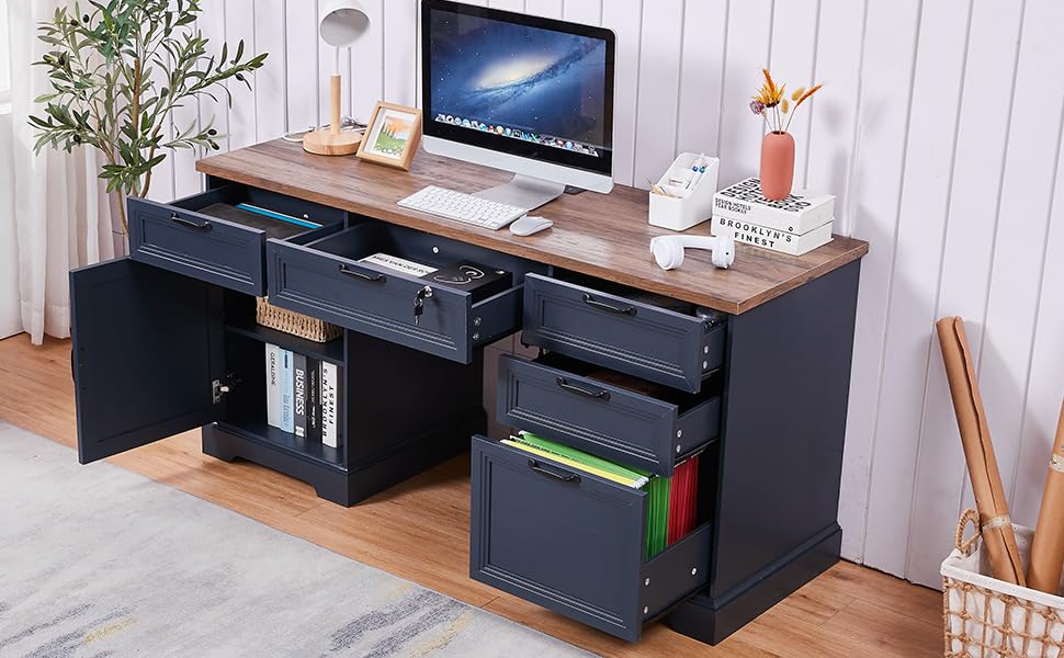 60" Farmhouse Executive Desk with Lock,Home Office Desk with Charging Station,Executive Desk with 4 Drawers & 1 Cabinet&1 File Cabinet for Office and Home - color: Blue