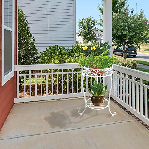 NAKUPE White Metal Plant Stand, 18.5 inch Tall 2 Tier Potted Holder Rack, Heavy Duty Flower Pot Shelf for Indoor Outdoor Patio Balcony Corner Garden