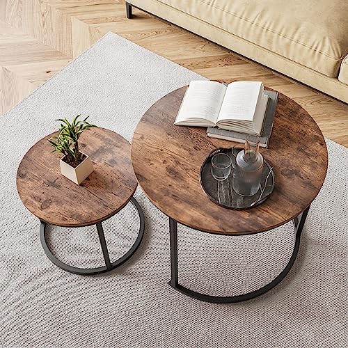 HOJINLINERO Round Nesting Coffee Table Set of 2,Small Coffee Table,Brown | Center Table for Living Room,Small Apartment,Small Space,Stacking Side Tables,Sturdy Easy Assembly,Rustic Brown Wood Tabletop - color: Brown, size: Small