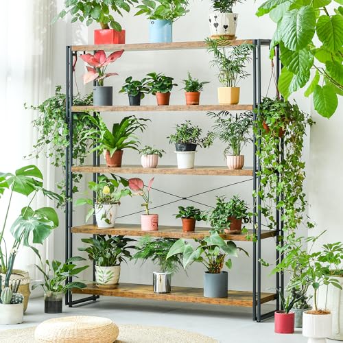 HCHQHS Bookshelf, 5-Tier Industrial Bookcase, Rustic Open Book Shelf, Freestanding Tall Bookshelves with Metal Frame - color: Rustic Brown, size: 5-Tier (47"W x 55.5"H)