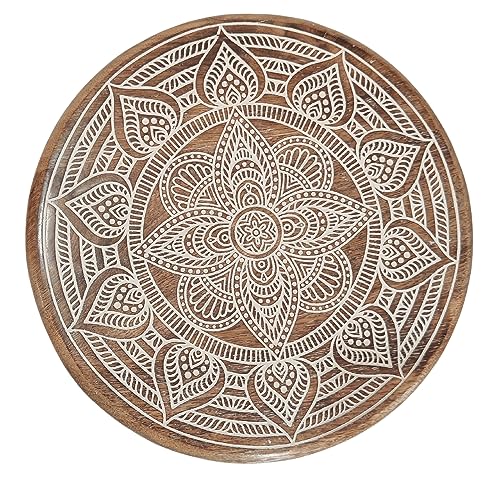 VANIYA CRAFTS® Wooden Engraved Fold-able Side Table/End Table/Plant Stand/Stool for Living Room Bedroom Restaurant Kids Play Furniture Table Round Shape (Natural White 1) - color: Natural White 1