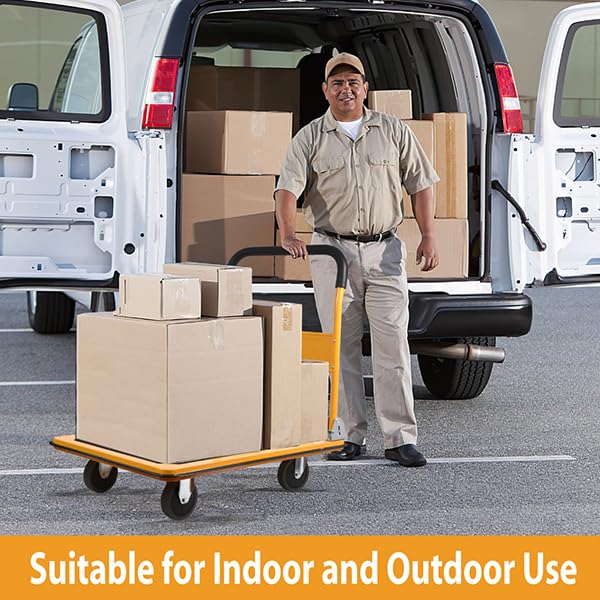 LEADALLWAY Foldable Push Cart Platform Truck 330lbs Capacity with 2 Ropes | 4 Wheels, 28.7"x18.5"x32.3", Small Flatbed Cart, Yellow, Protable - color: Yellow
