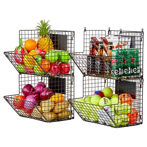 X-cosrack Metal Wire Basket Wall Mount, 4 Tier Extra Large Wall Storage Basket Organizer with Chalkboards, Kitchen Fruits and Vegetables Produce Bin Rack Toys Organizer Bathroom Tower Baskets (Black) - color: Black-4 Tiers