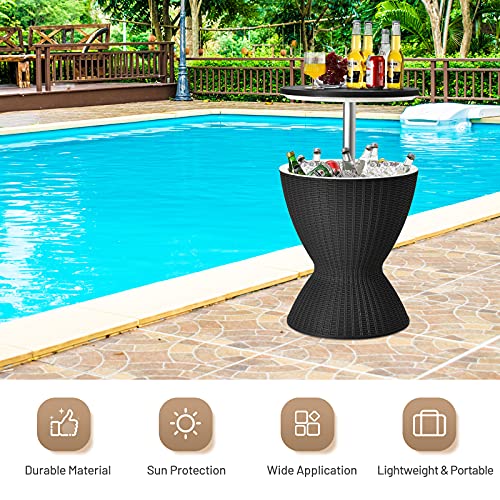 Tangkula Outdoor Cooler Table, Multi-Functional Cooler Bar Table, Adjustable Height Ice Cooler Side Table w/Drain Plug, 8 Gallon Beer & Wine Cooler, Rattan Style Patio Furniture for Pool Parties - color: Black