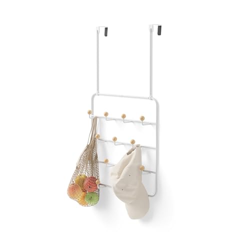 Umbra Estique Coat Rack, Over the Door Wall Hooks, 14 Hook, White/Natural | Steel, snag-free wooden pegs, fits doors to 1.6 inch, power coated finish