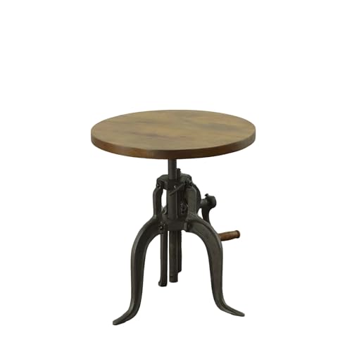 Carolina Chair & Table Adjustable Hand Crank 18" Wooden Top Rustic Side Table - Cast Iron Base Round Accent Table for Farmhouse, Living Room, or Bedroom (Harvest Oak/Industrial) - color: Harvest Oak/Industrial