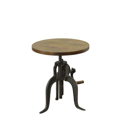 Carolina Chair & Table Adjustable Hand Crank 18" Wooden Top Rustic Side Table - Cast Iron Base Round Accent Table for Farmhouse, Living Room, or Bedroom (Harvest Oak/Industrial) - color: Harvest Oak/Industrial
