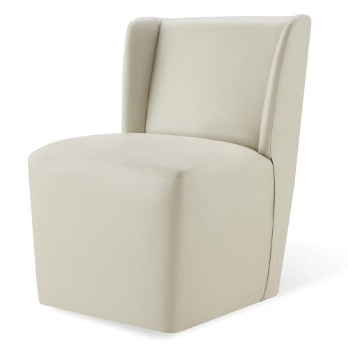KISLOT Upholstered Dining Chairs Set of 1 with Casters, Wingback Modern Side Armless Deskchair with Rollers for Diningroom Bedroom Livingroom Reading Room, Cream Faux Leather - color: A Cream Faux Leather, size: Set of 1