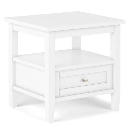 SIMPLIHOME Warm Shaker End Table - 20" Wide x 20" High Solid Wood Side Table in White, Transitional Accent Table for Living Room or Bedroom with Drawer, Open Shelf and Square Tapered Legs - color: White, size: 20 inch, style: End Table