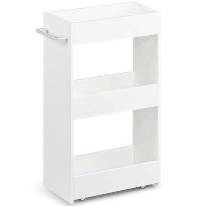 MARTY Slim Rolling Storage Cart 7.9" W Laundry Cart with Wheels,Wood, White | Narrow Utility Cart Between Washer and Dryer, 3 Tier Mobile Shelving Unit for Kitchen, Laundry, Bathroom, Office, Living Room - color: White